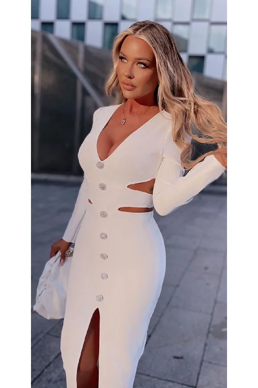 Robe Fendue Décolleté Poitrine Et Taille - BLANC dress REF: 7618 - BEYAZ