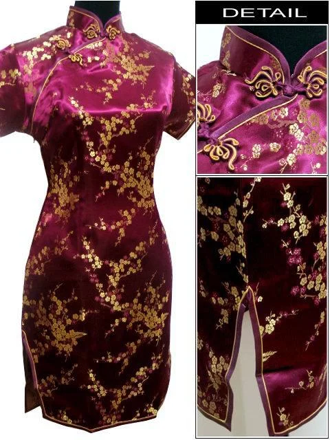 Sexy Vintage Navy Blue Traditional Satin Chinese Flower Dress for Women