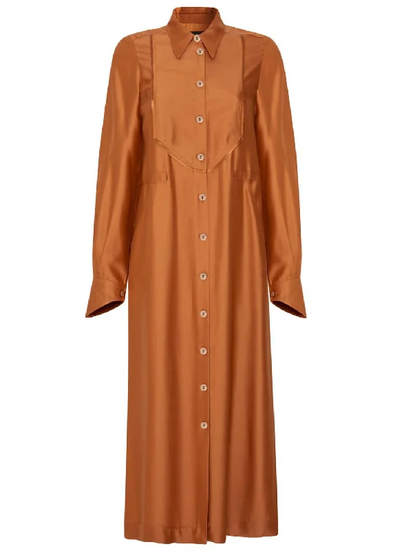 SHIRT DRESS WITH POINTED COLLAR IN OLIVE & CARAMEL ""MAGDALENA""