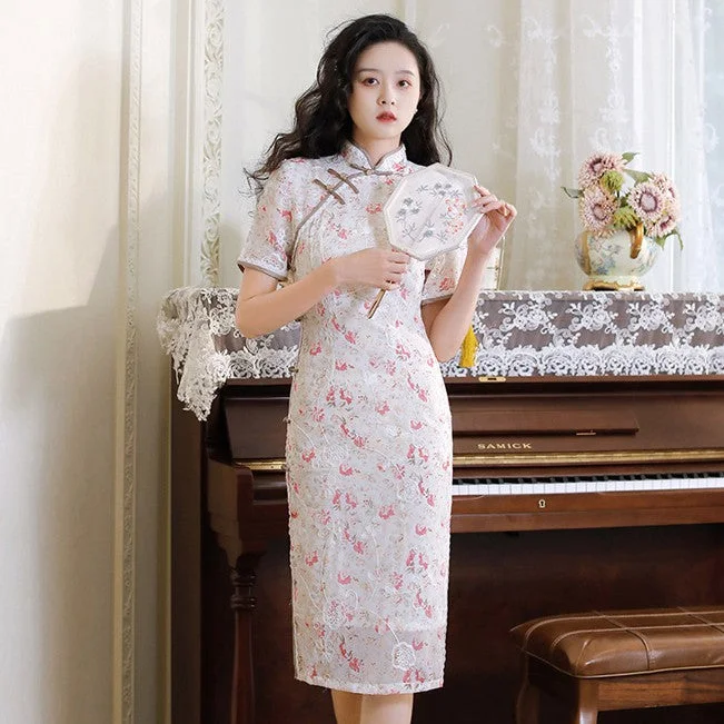 Short Sleeve Floral Tulle & Chiffon Traditional Cheongsam Chinese Dress