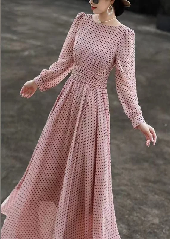 Slim Fit Pink Dot O Neck Chiffon Dresses Long Sleeve EE1019