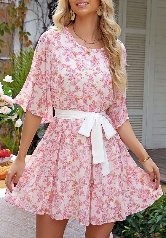 Soft Pink Floral Floral Babydoll Dress for Women Chiffon Cute Flowy Summer Beach Short Dresses with Pockets