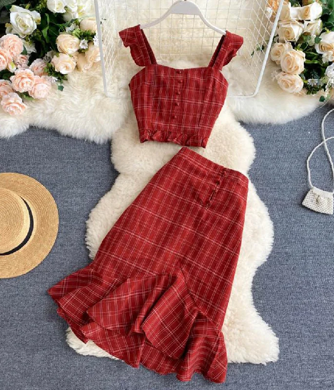 Stylish slim two-piece lattice set summer dress   S87