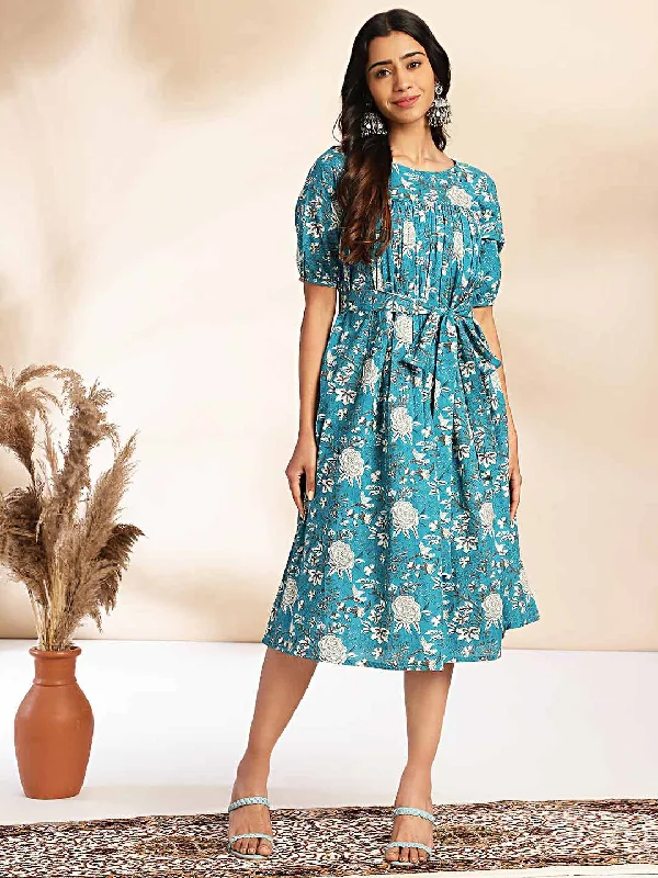 Teal Cotton Floral Empire Dress