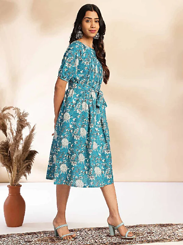 Teal Cotton Floral Empire Dress