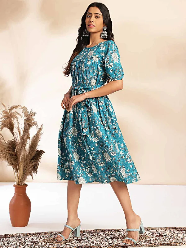 Teal Cotton Floral Empire Dress