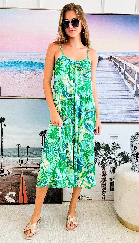 Tropical Printed Summer Midi Dress - Green