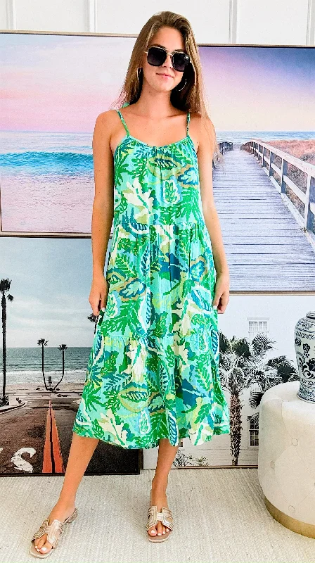 Tropical Printed Summer Midi Dress - Green