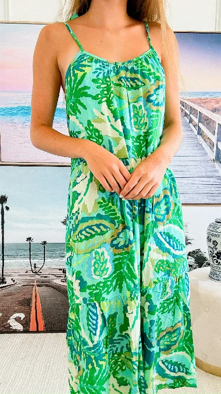 Tropical Printed Summer Midi Dress - Green