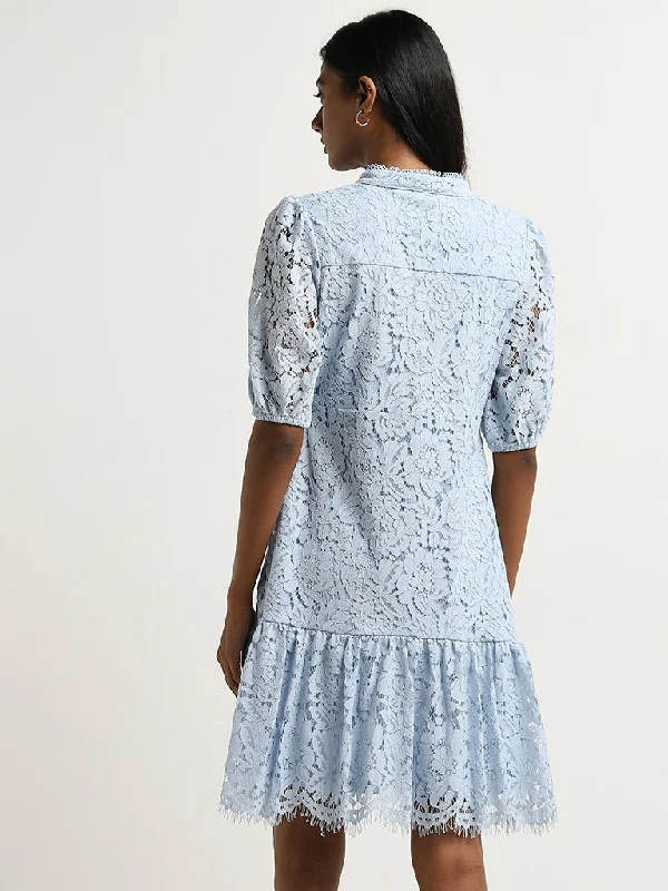 Wardrobe Light Blue Lace Design A-Line Dress