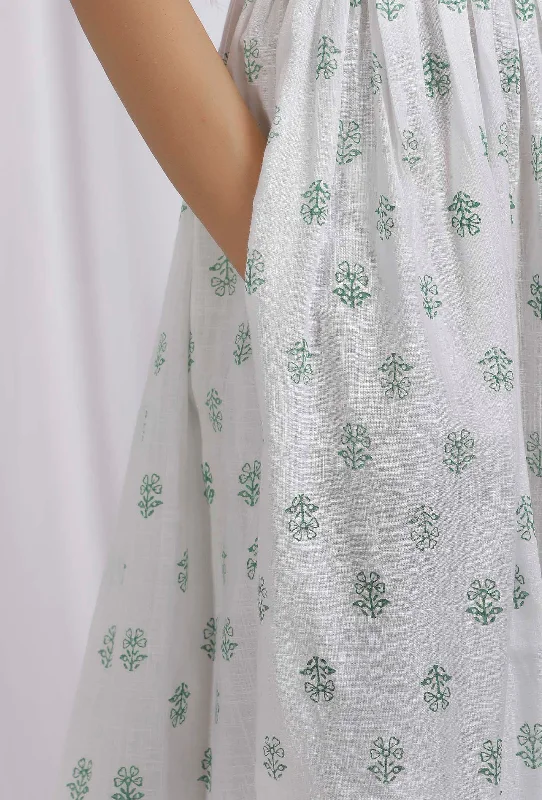 White and Green Block Printed Cotton Slub Flared Dress