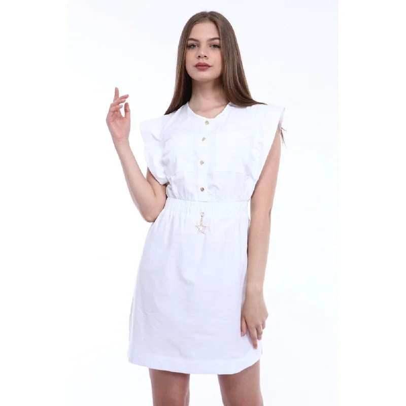 White Elastic Waist Double Pocketed Dress