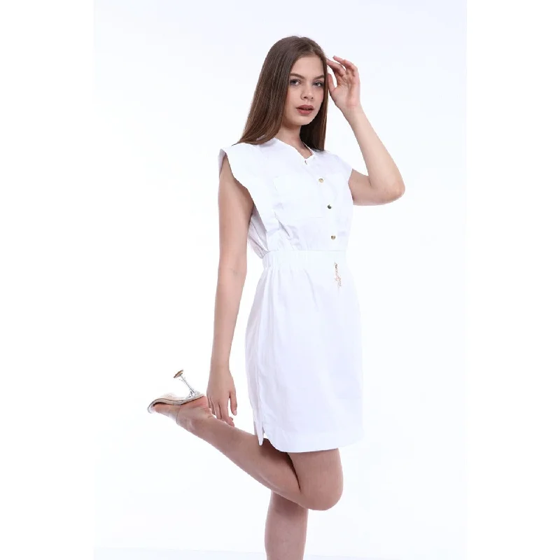 White Elastic Waist Double Pocketed Dress