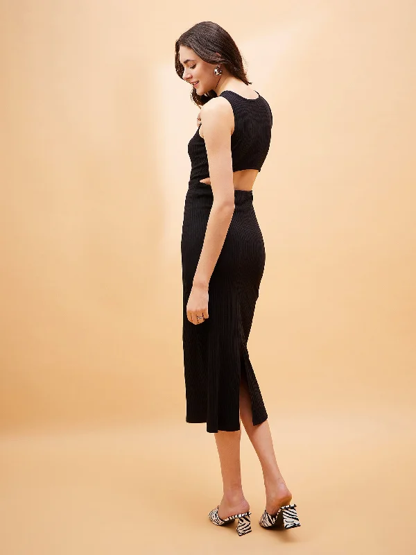 Women Black Rib Back Cut-Out Dress