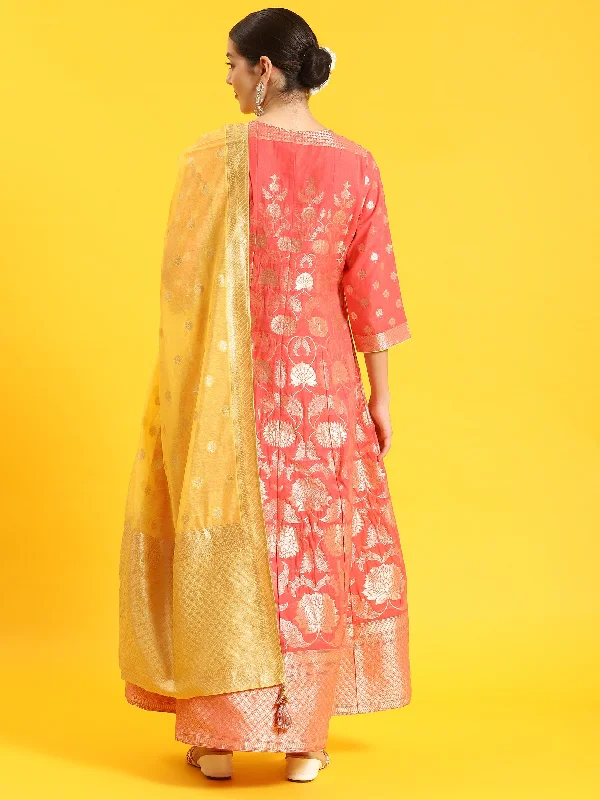 Women Pink Woven Print Dress With Dupatta