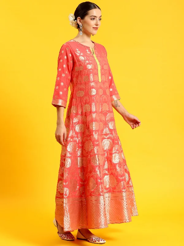 Women Pink Woven Print Dress With Dupatta