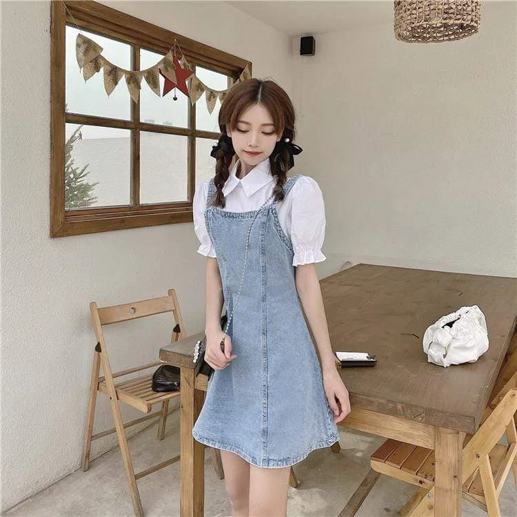 Women's Kawaii Puff Sleeved Splicing Denim Dress