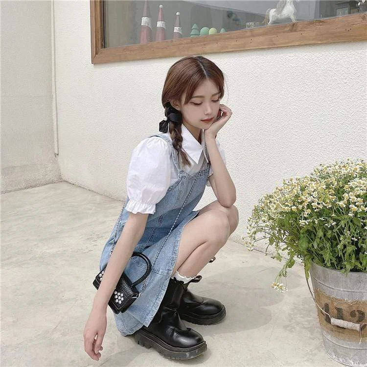 Women's Kawaii Puff Sleeved Splicing Denim Dress