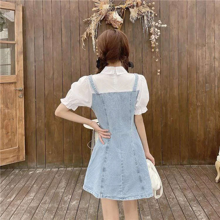 Women's Kawaii Puff Sleeved Splicing Denim Dress