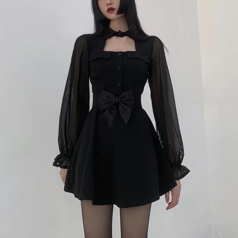 Women's Kawaii Stand Collar Chiffon Sleeved Black Little Dresses