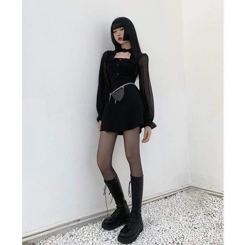 Women's Kawaii Stand Collar Chiffon Sleeved Black Little Dresses