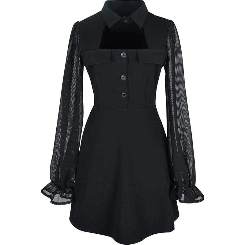 Women's Kawaii Stand Collar Chiffon Sleeved Black Little Dresses