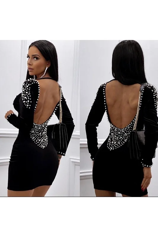 Women's Long Sleeved Backless Full Pearl Detail Velvet Fabric Mini Dress REF : VY-ac4a02622307554fc839