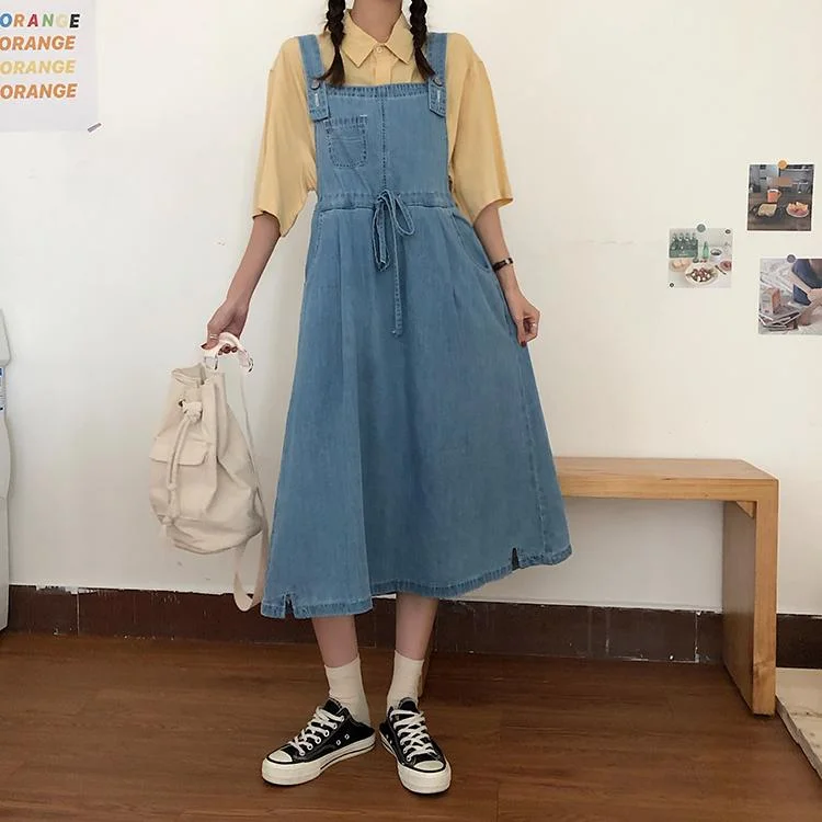 Women's Lovely Front Lace-up Mid-length Denim Dresses