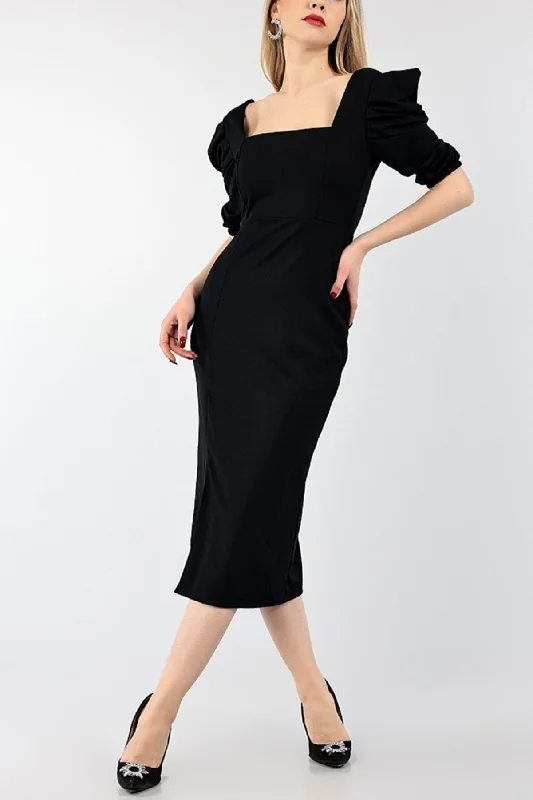 Women's Stretch Crepe Fabric Shoulder Detail Square Collar Midi Length Black DressREF:  026 4S1B-DKS-026