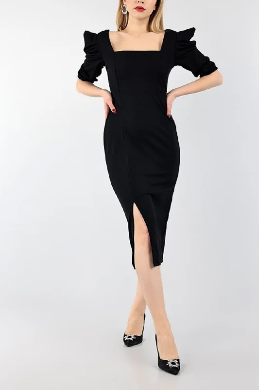 Women's Stretch Crepe Fabric Shoulder Detail Square Collar Midi Length Black DressREF:  026 4S1B-DKS-026