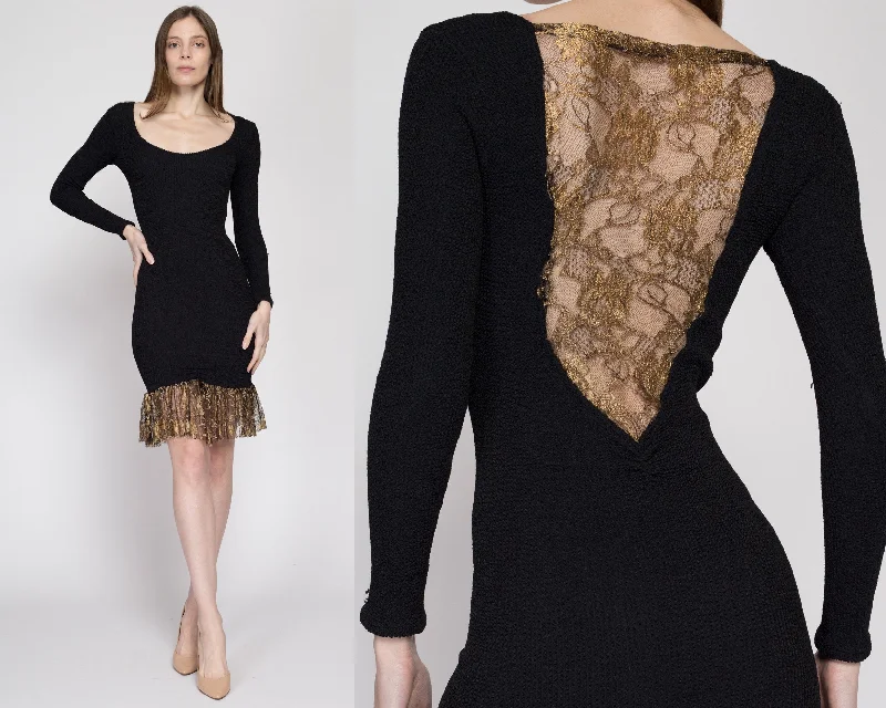 XS-Sm 70s Black & Gold Lace Low Back Mini Dress