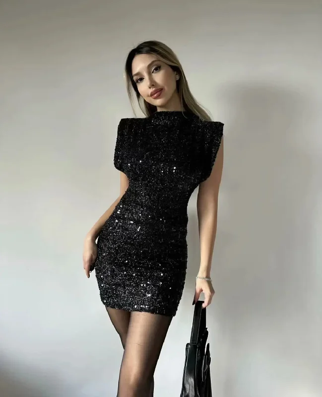 Znbbw Sequins Paded Shoulder Mini Dress Women Sexy O Neck Slim Sleeveless Short Robe Summer Chic Female Club Party Evening Wear