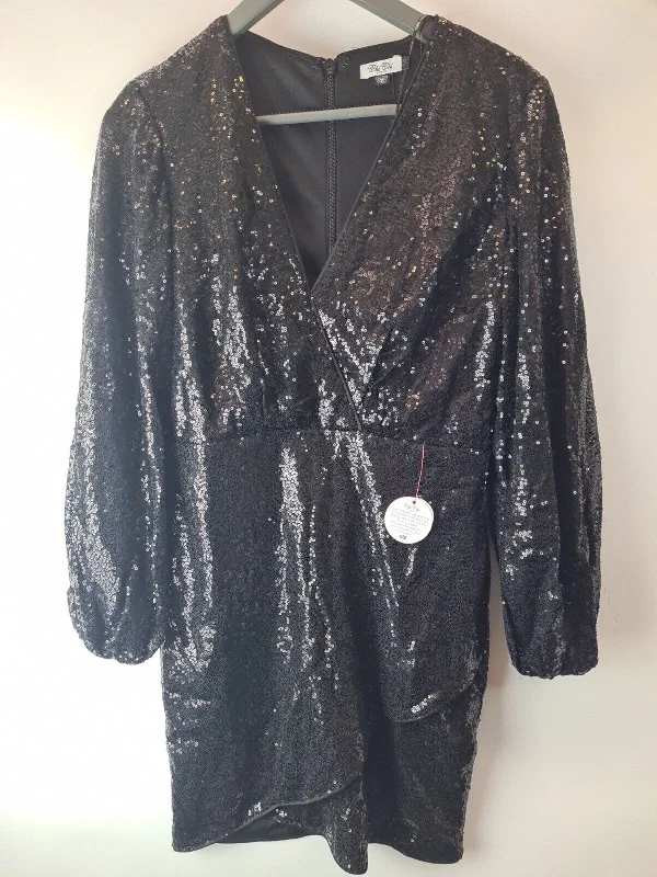 Chi Chi London Long Sleeve Plunge Sequin Mini Dress Black Size 16 **** V77