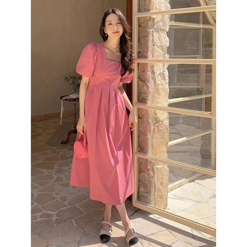 Lunivop Elegant Pink Dress Summer Fashion Square Collar Puff Sleeve Ruffle Female Dresses Korea High Waist Party Women's Dress Vestidos