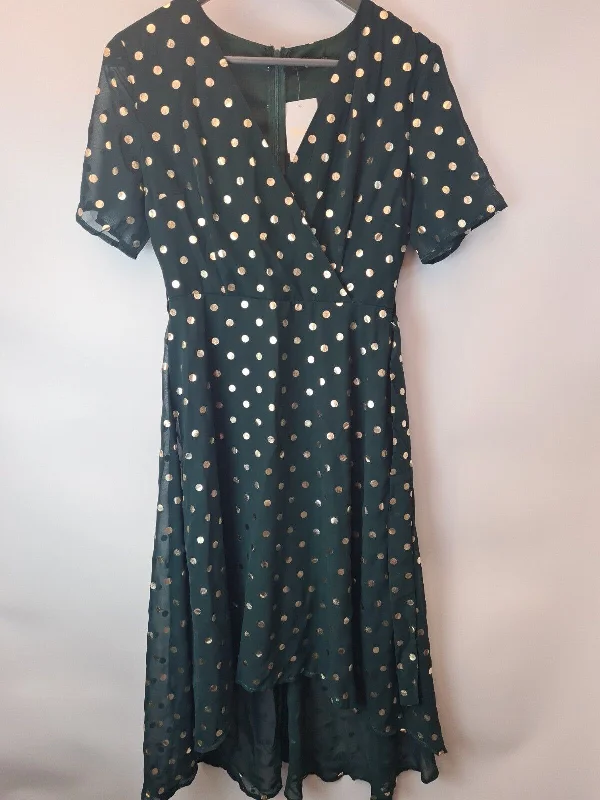 Quiz Dark Greem Metallic Spot Mini Wrao Skater Dress Size UK 10 **** V61