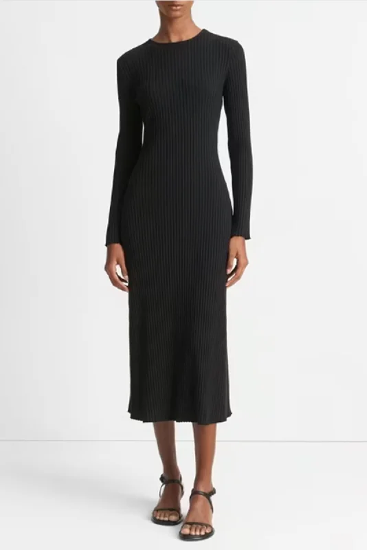 Ribbed Long-Sleeve Crew Neck Dress