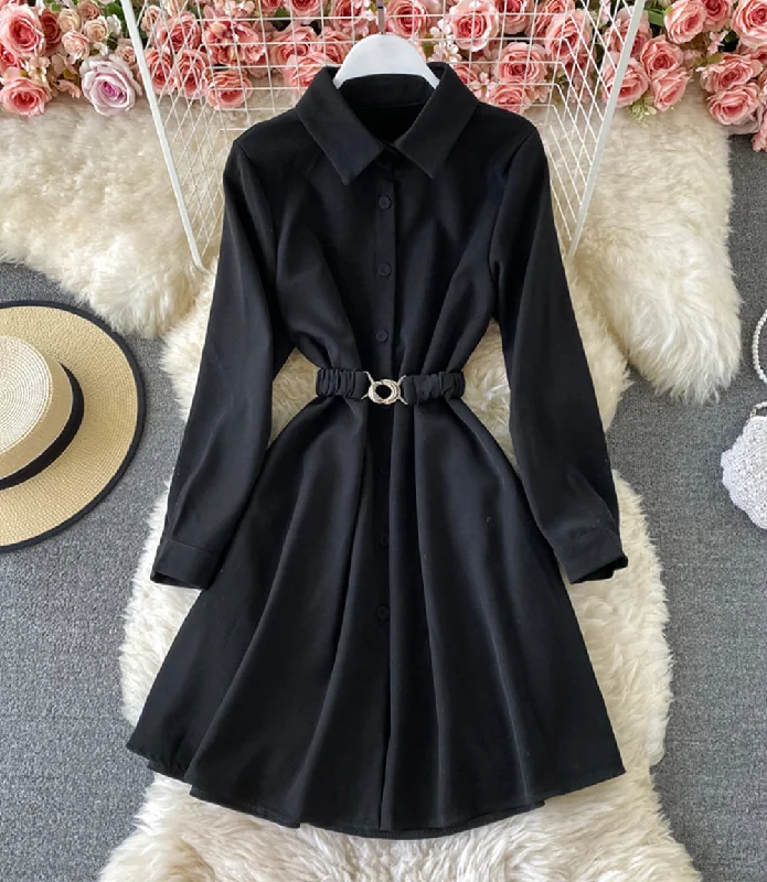 Simple A line long sleeve shirt dress  874